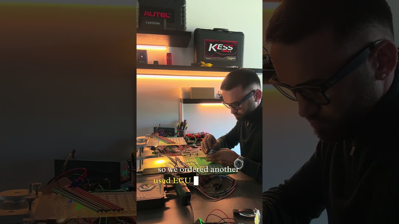 Redline Autohaus workshop video thumbnail showing a technician working on a BMW engine control unit.