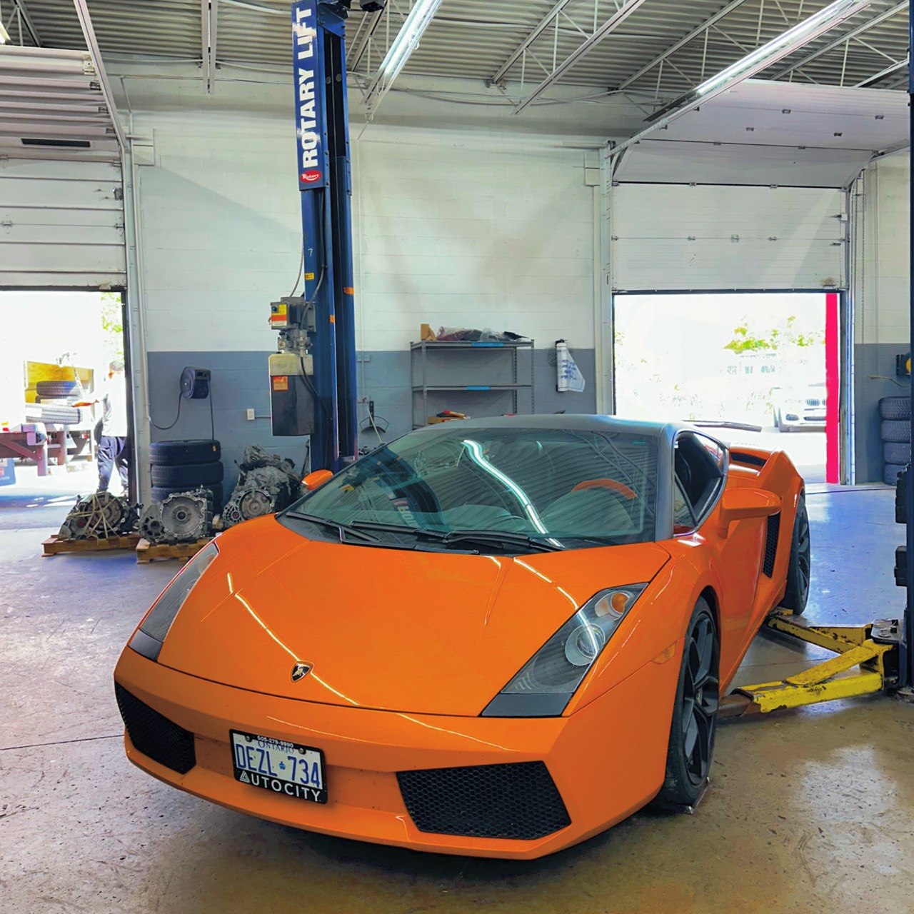 Orange Lamborghini Gallardo in the Redline shop